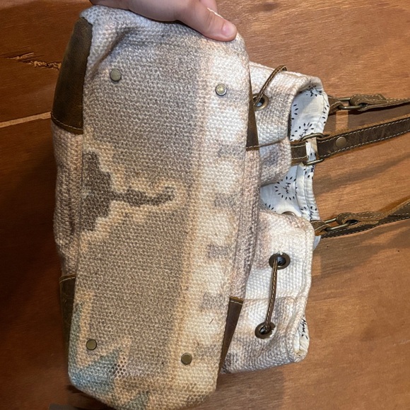 Myra Bag Beige Southwestern Drawstring Tote with Leather Trim - Picture 3 of 11